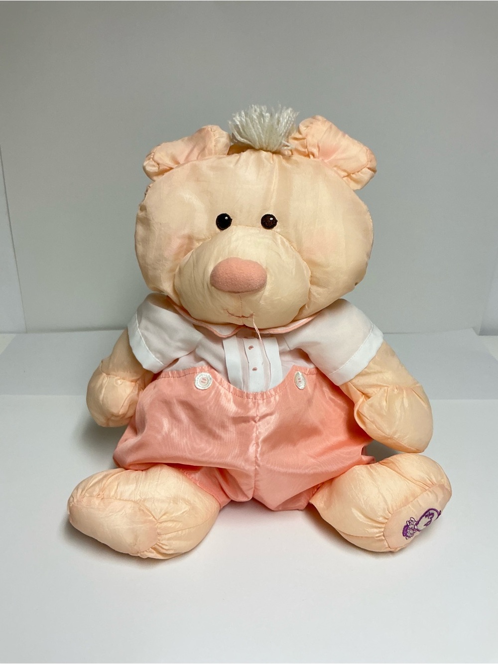 Vintage 1986 Fisher Price Puffalumps Peach Puffalump Bear Cub in Romper Outfit